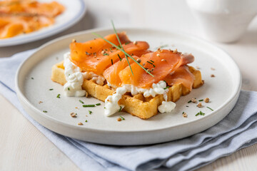Close-up of Gourmet Waffle with Smoked Salmon and Creamy Cottage Cheese