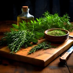 Wooden Cutting Board with Fresh Herbs