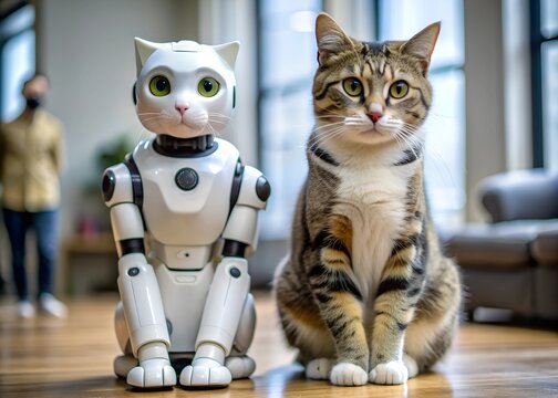 A realistic robot cat and a real tabby cat sit side by side on a wooden floor in a modern indoor setting, showcasing the contrast between artificial and natural life