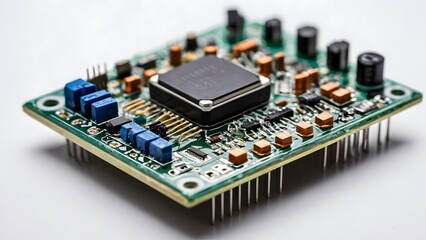 Green circuit board with various components close up.