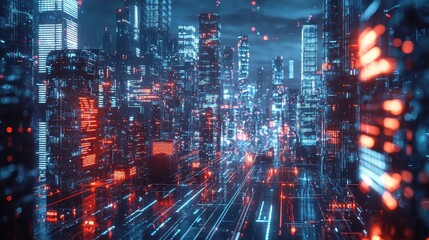 Obraz premium Cyberpunk Cityscape: A Futuristic Metropolis Illuminated by Neon Lights