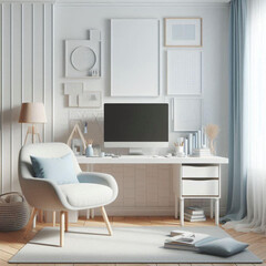 modern office interior, computer and table with chair