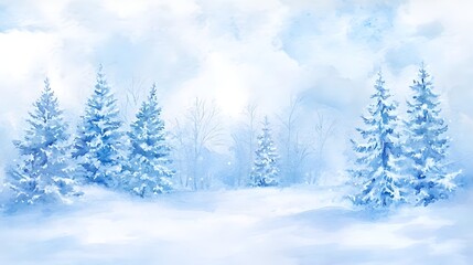 Obraz premium Serene Watercolor Winter Wonderland with Snow-Covered Trees and Soft Blues
