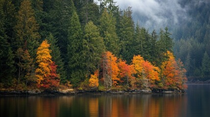 Autumnal Reflections in a Misty Forest