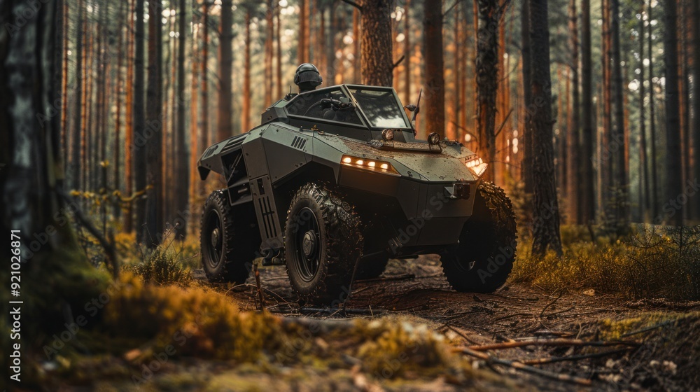 Poster autonomous armored vehicle - a small armored vehicle that can be controlled remotely. install machin
