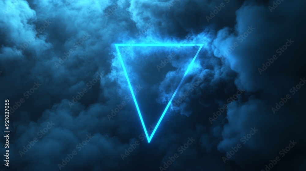 Poster in 3d, neon triangle and stormy cloud on a futuristic background. triangular frame with copy space.