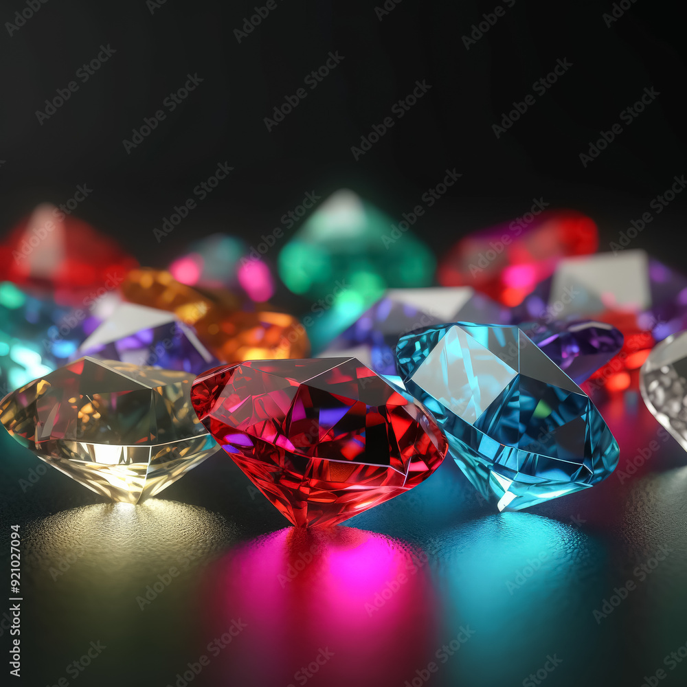 Poster a close up of a bunch of colorful diamonds. the diamonds are of different colors and sizes, and they
