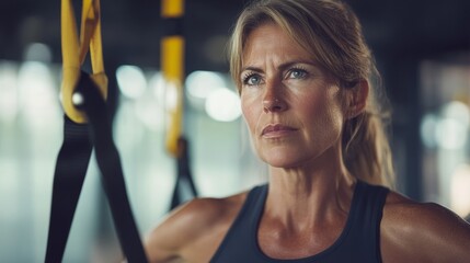 Obraz premium Portrait of a Middle Aged Woman Exercising in the Gym