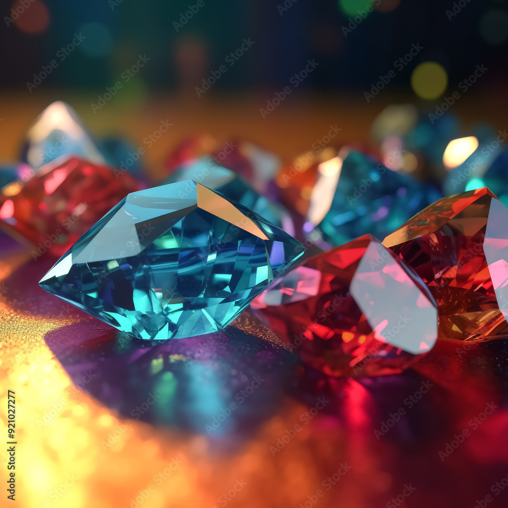 Poster a close up of a bunch of colorful diamonds. the diamonds are of different colors and sizes, and they