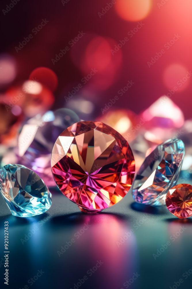 Poster a close up of a bunch of colorful diamonds. the diamonds are of different colors and sizes, and they