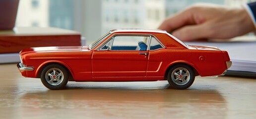 Red toy car model on a desk with a hand reaching to touch it.  Perfect for illustrating car insurance, financing, or car buying concepts.