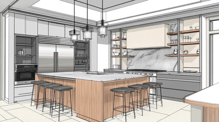 sketch design of interior kitchen,3d render and illustration
