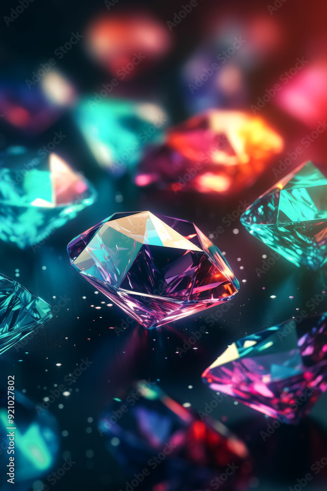 Poster a close up of a bunch of colorful diamonds. the diamonds are of different colors and sizes, and they