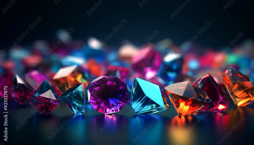 Poster a close up of a bunch of colorful diamonds. the diamonds are of different colors and sizes, and they