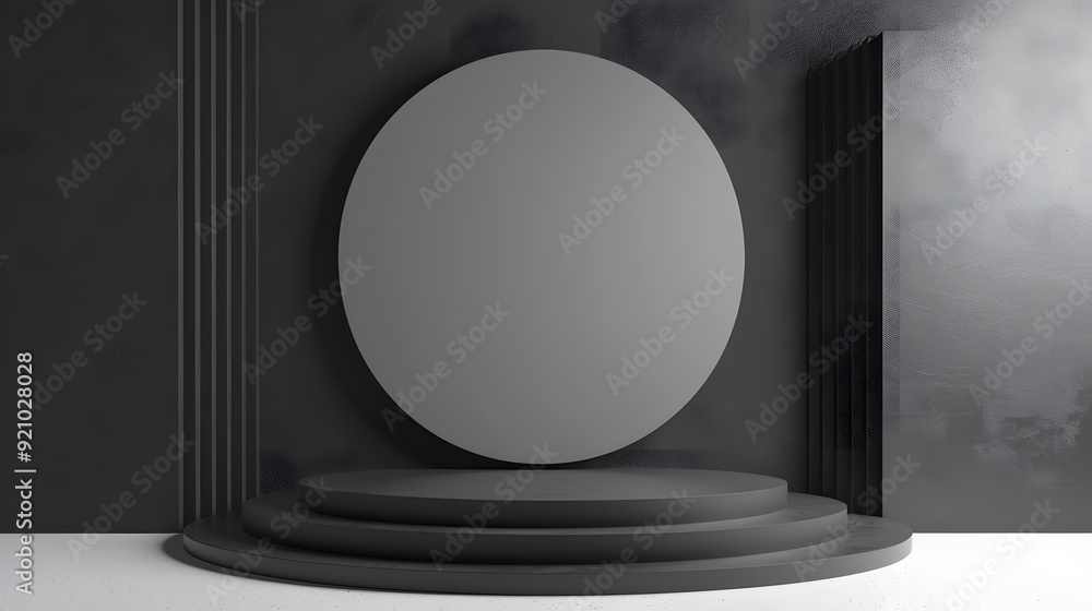 Poster a black and white photo of a stage with a large round mirror in the center. the stage is empty and t