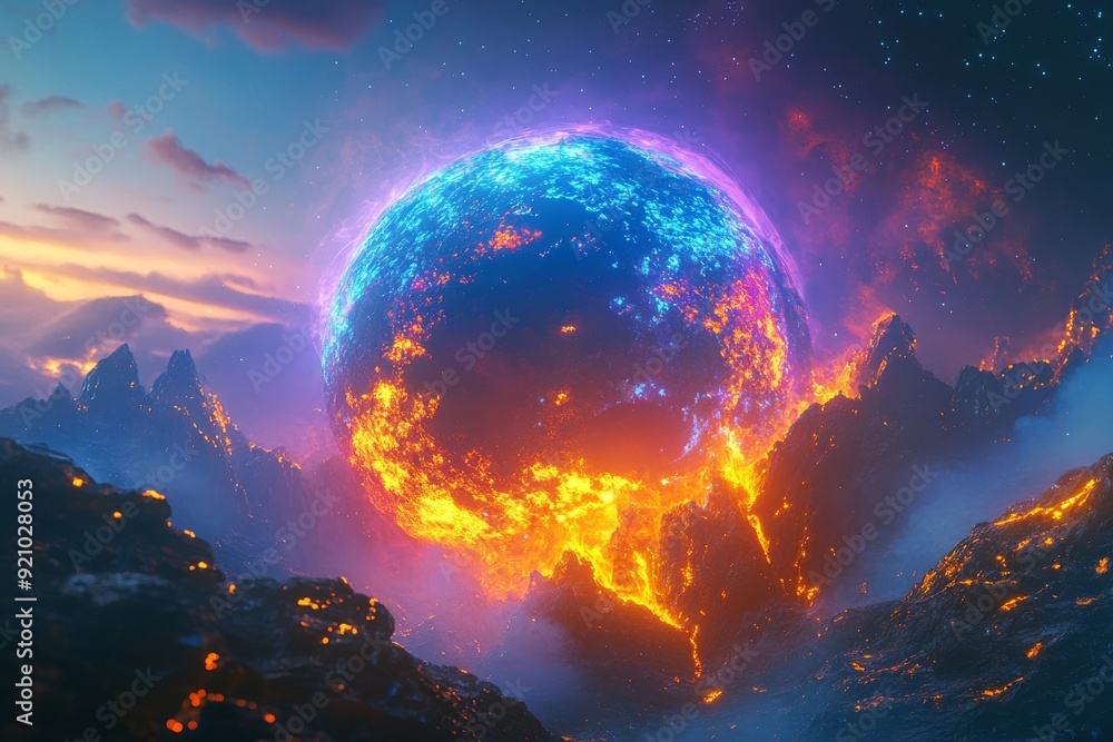 Poster an ocean planet's surface is adorned with a glorious galaxy in abstract graphic design backed by wal