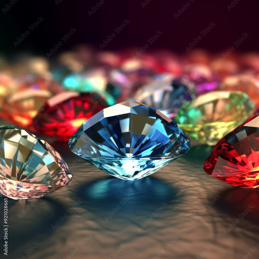 Poster a close up of a bunch of colorful diamonds. the diamonds are of different colors and sizes, and they