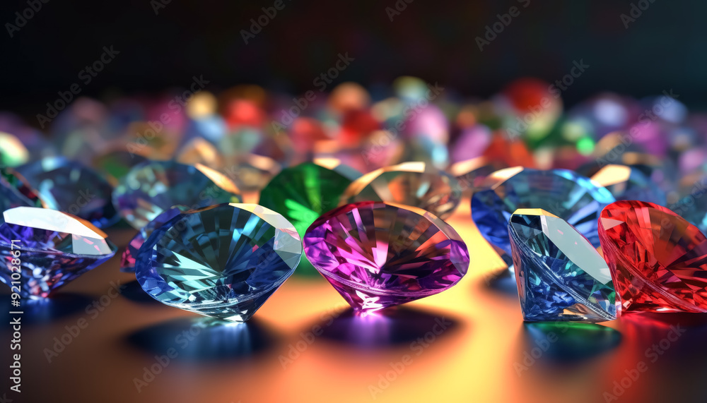 Poster a close up of a bunch of colorful diamonds. the diamonds are of different colors and sizes, and they