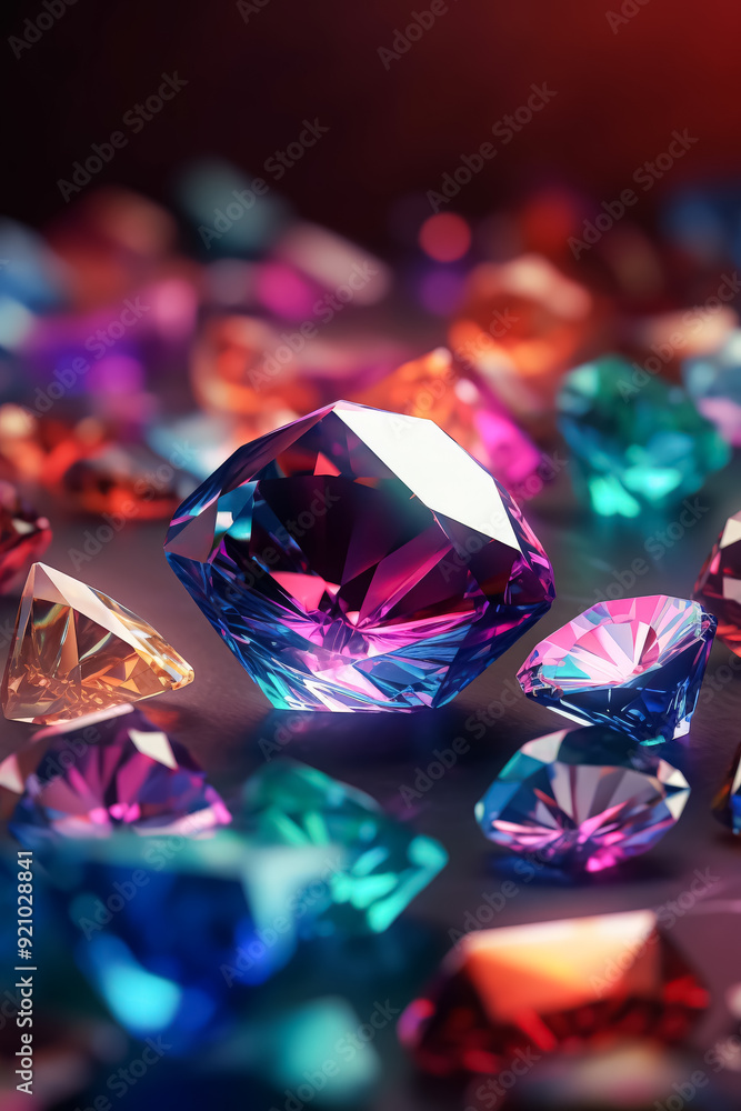 Poster a collection of colorful gems are displayed on a table. the gems are of various shapes and sizes, an