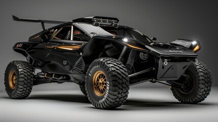 Concept car in black, built for extreme speed. Powerful car with gold details, an extreme 4x4 vehicle.