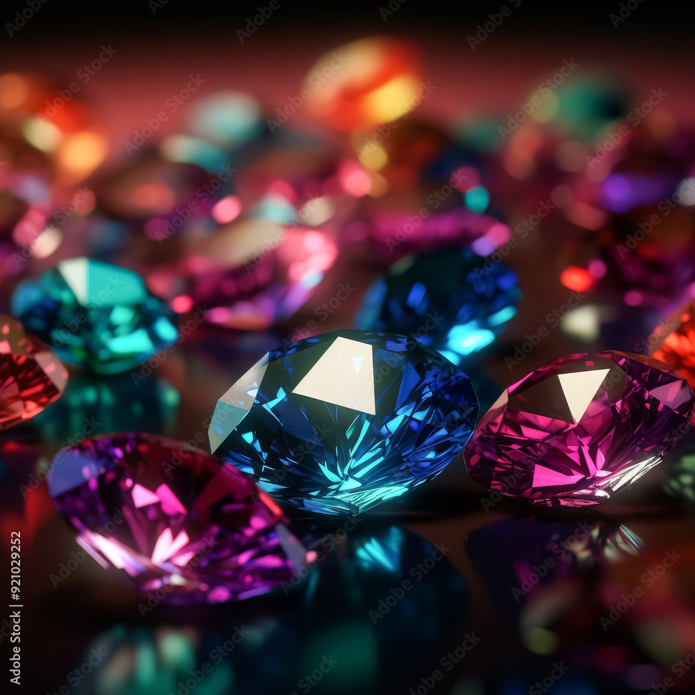 Poster a close up of a bunch of colorful diamonds. the diamonds are of different colors and sizes, and they