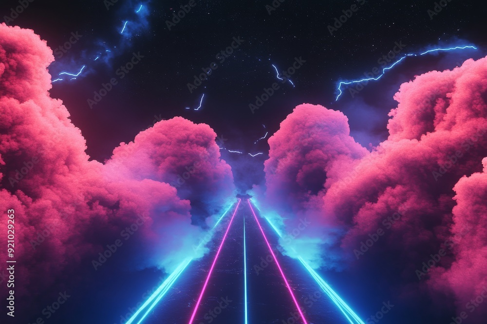 Poster stunning abstract background with long wave lines and bokeh lights in pink and blue. data transfer c