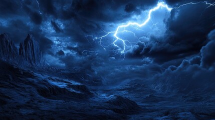 Dark Stormy Night with Lightning Over a Rugged Mountain Landscape