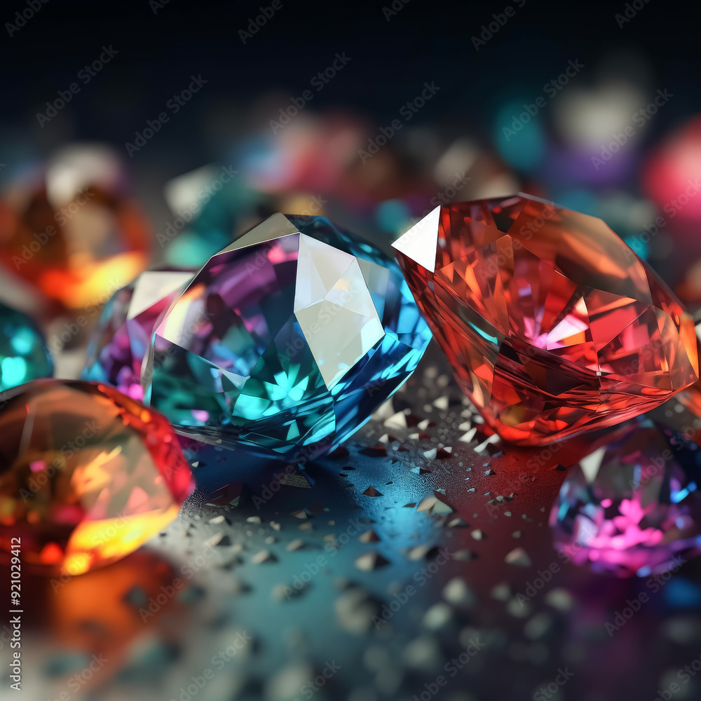 Poster a close up of a bunch of colorful diamonds. the diamonds are of different colors and sizes, and they