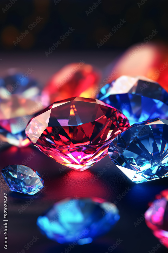 Poster a close up of a bunch of colorful diamonds. the diamonds are of different colors and sizes, and they