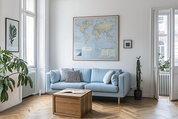 Obraz premium Modern living room interior with a blue sofa, wooden coffee table, world map on the wall, plant, and parquet floor.