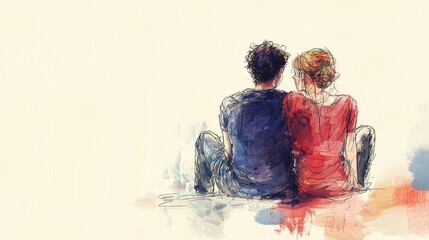 Casual line drawing of a couple sitting close, sharing a quiet moment