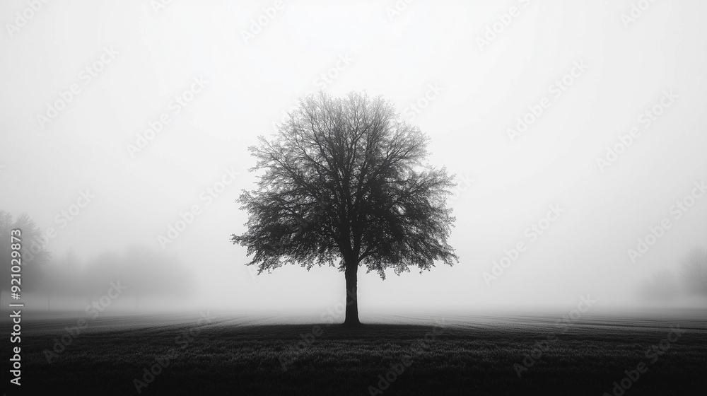 Poster a tree stands alone in a field of grass