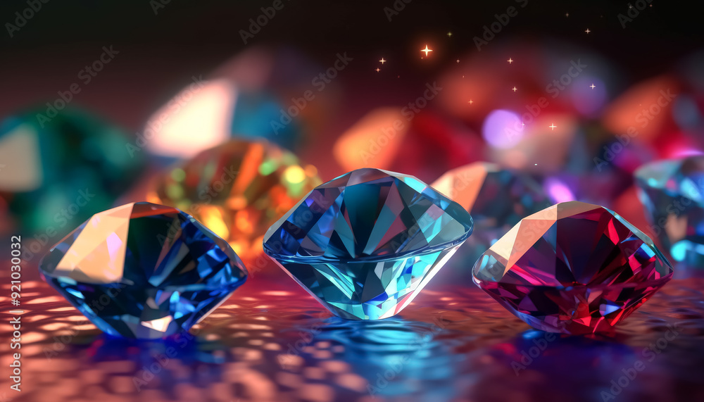 Poster a close up of a bunch of colorful diamonds. the diamonds are of different colors and sizes, and they