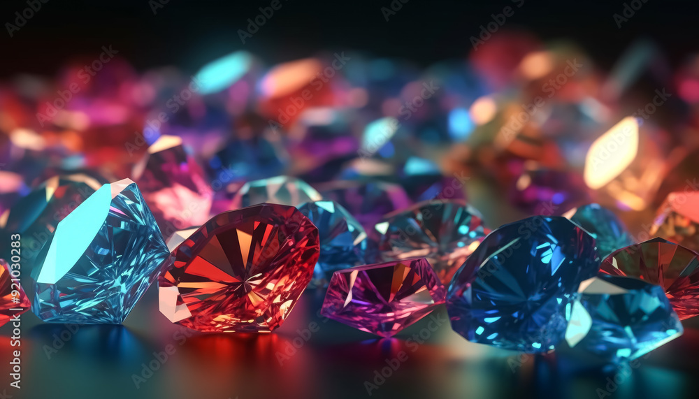 Poster a close up of a bunch of colorful diamonds. the diamonds are of different colors and sizes, and they