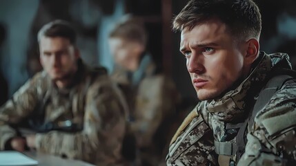 Fototapeta premium A soldier in camouflage reflects during a serious military briefing with fellow soldiers in a dimly lit environment.
