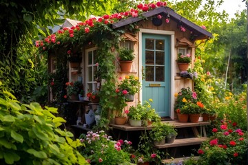 Plain Little tiny house in a floral garden with blooming flowers