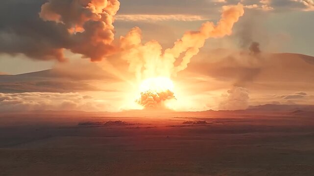 Dramatic apocalyptic scene of a nuclear explosion over a barren landscape, with ominous clouds and devastation