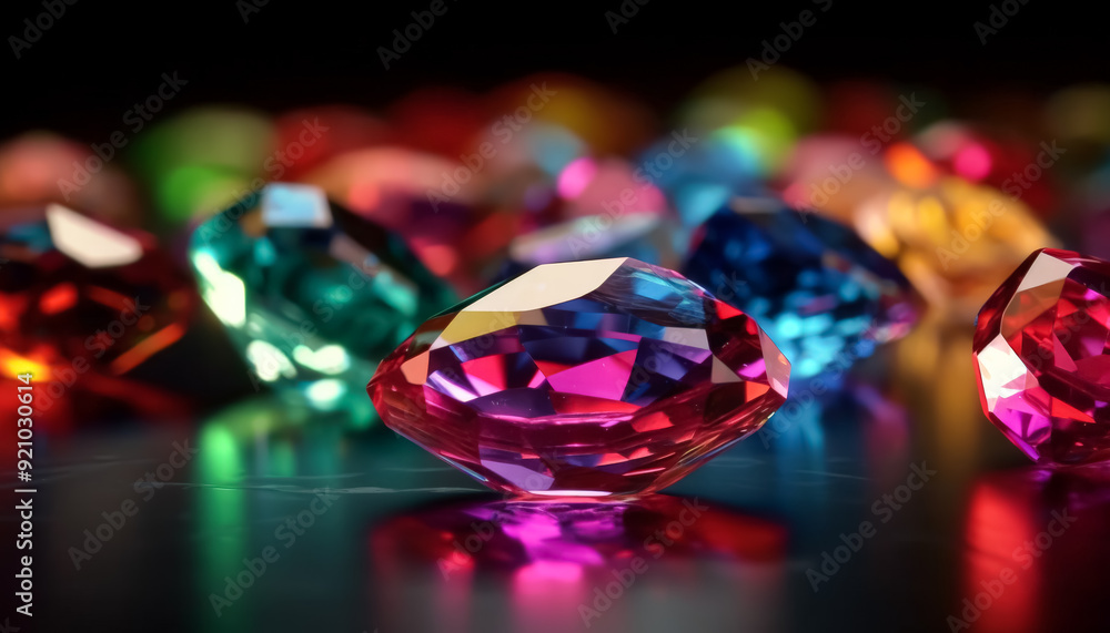 Poster a close up of a bunch of colorful diamonds. the diamonds are of different colors and sizes, and they