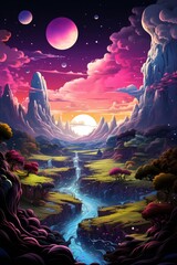 Obraz premium Ethereal cosmic landscapes in vibrant colors with stars and celestial bodies.