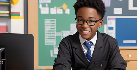 Black schoolboy in uniform in the classroom with books, backpacks, sitting at their desks. Blackboard on the background. Back to school concept.