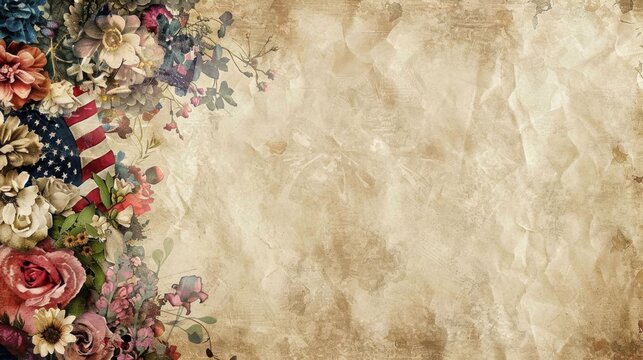 Vintage American Flag with Floral Arrangement on Aged Paper Background