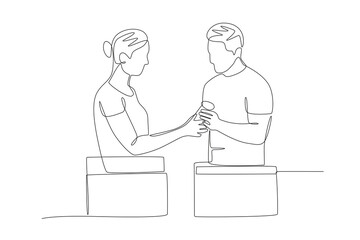 Two volunteers are preparing donations. Volunteering concept one-line drawing