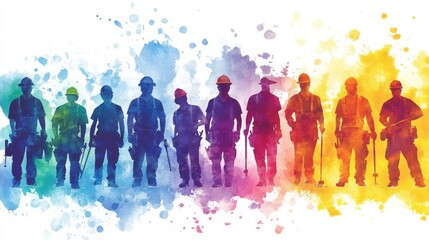 Silhouetted construction workers stand against a vibrant watercolor background, showcasing teamwork and dedication in the industry.