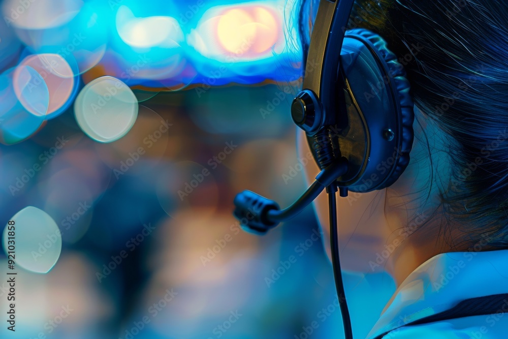 Poster a dedicated call center operator with headphones, engaged in a conversation to resolve customer issu
