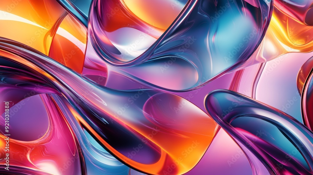 Poster forming an abstract flowing shape with curved translucent sheets. dynamic motion and neon background