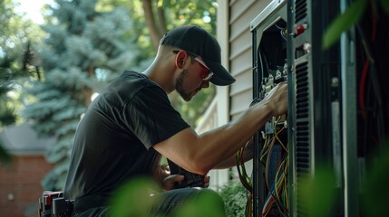 Compressor repair - The electrician wears a black T-shirt and jeans. Opening the outdoor air conditioner compressor panel and using a screwdriver to repair it.