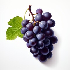 Fototapeta premium A bunch of red grapes with water droplets on them, with a green leaf, isolated on a white background.