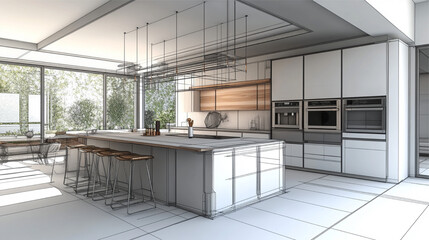 sketch design of interior kitchen,3d render and illustration