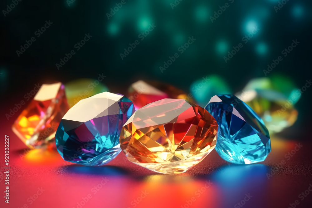 Poster a row of colorful diamonds are displayed on a table. the diamonds are of different colors, including