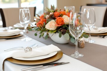 Fototapeta premium Elegant table setting featuring stylish glassware and floral centerpiece, perfect for wedding or special event decor.